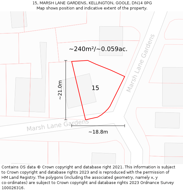 15, MARSH LANE GARDENS, KELLINGTON, GOOLE, DN14 0PG: Plot and title map