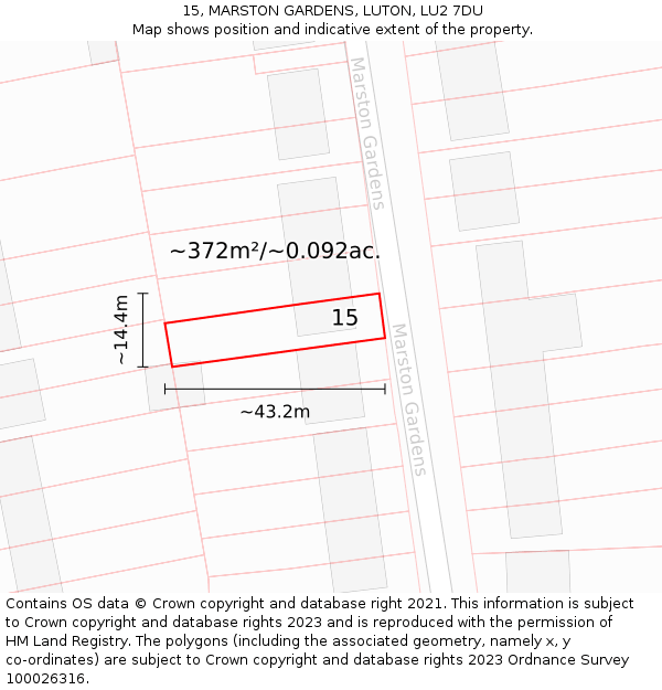 15, MARSTON GARDENS, LUTON, LU2 7DU: Plot and title map