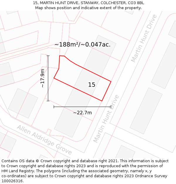 15, MARTIN HUNT DRIVE, STANWAY, COLCHESTER, CO3 8BL: Plot and title map