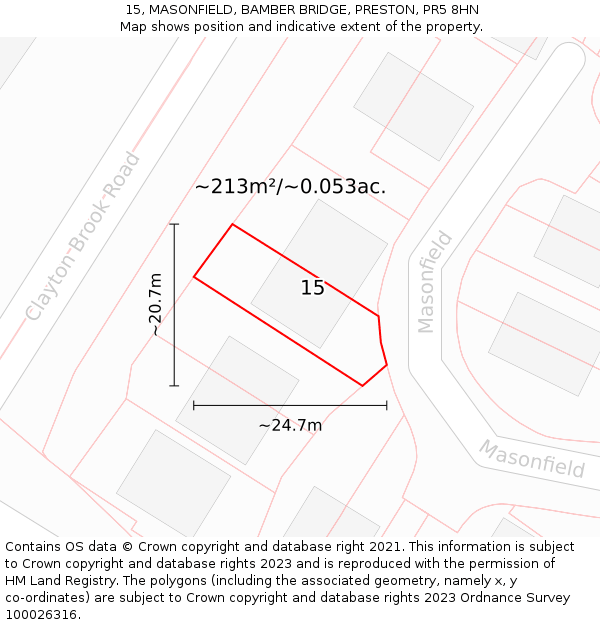 15, MASONFIELD, BAMBER BRIDGE, PRESTON, PR5 8HN: Plot and title map
