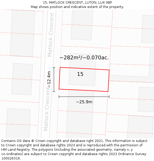 15, MATLOCK CRESCENT, LUTON, LU4 0BP: Plot and title map