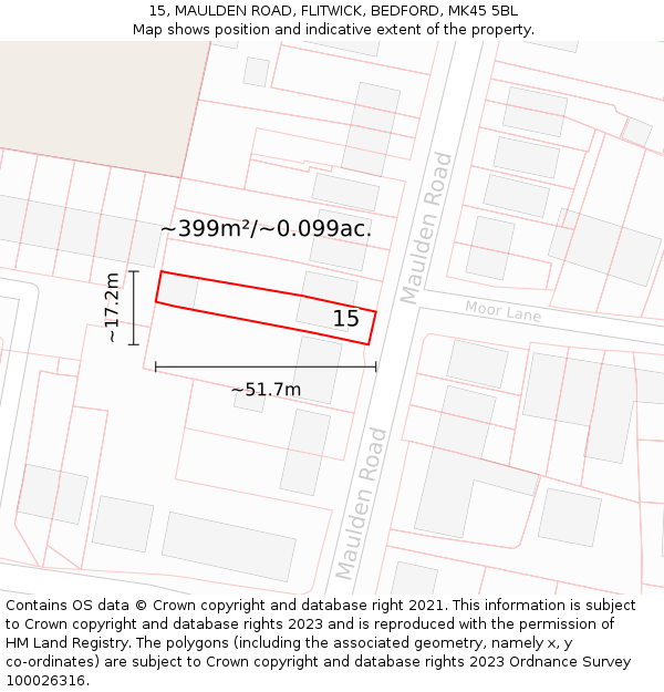 15, MAULDEN ROAD, FLITWICK, BEDFORD, MK45 5BL: Plot and title map