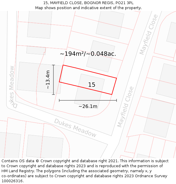 15, MAYFIELD CLOSE, BOGNOR REGIS, PO21 3PL: Plot and title map