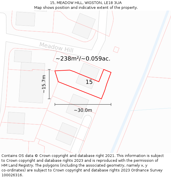 15, MEADOW HILL, WIGSTON, LE18 3UA: Plot and title map
