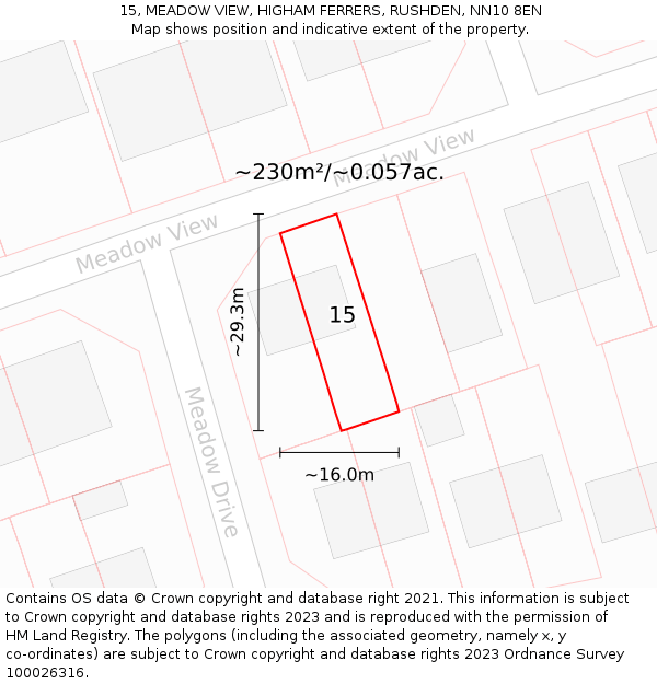 15, MEADOW VIEW, HIGHAM FERRERS, RUSHDEN, NN10 8EN: Plot and title map