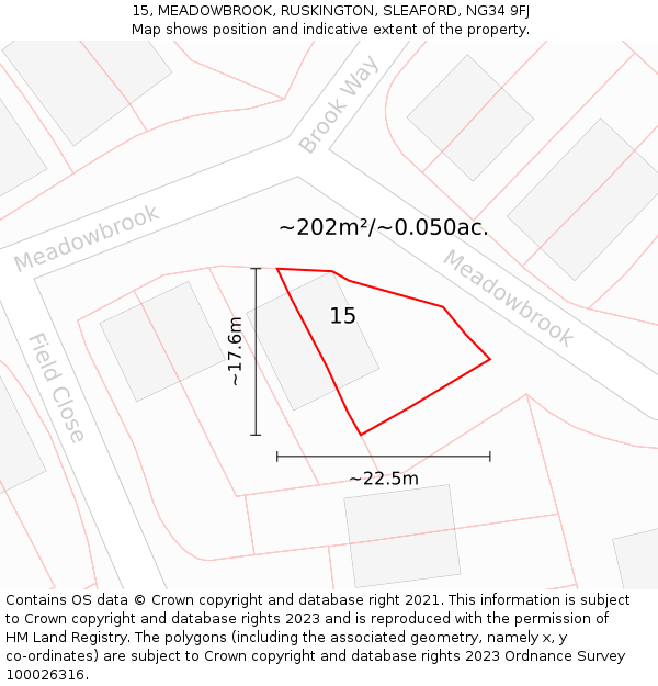15, MEADOWBROOK, RUSKINGTON, SLEAFORD, NG34 9FJ: Plot and title map