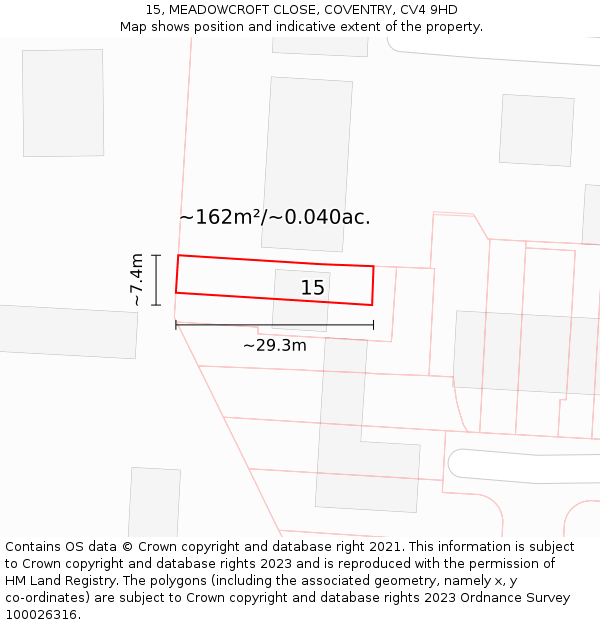 15, MEADOWCROFT CLOSE, COVENTRY, CV4 9HD: Plot and title map