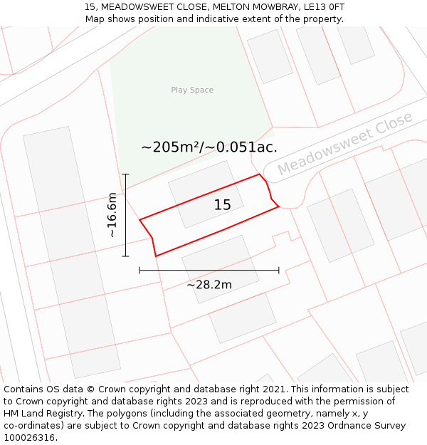 15, MEADOWSWEET CLOSE, MELTON MOWBRAY, LE13 0FT: Plot and title map
