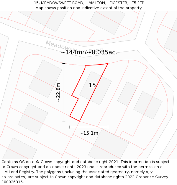 15, MEADOWSWEET ROAD, HAMILTON, LEICESTER, LE5 1TP: Plot and title map