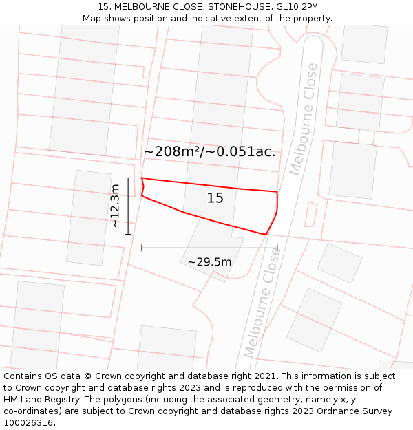 15, MELBOURNE CLOSE, STONEHOUSE, GL10 2PY: Plot and title map
