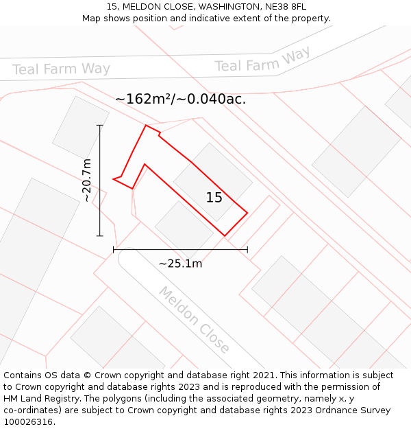 15, MELDON CLOSE, WASHINGTON, NE38 8FL: Plot and title map