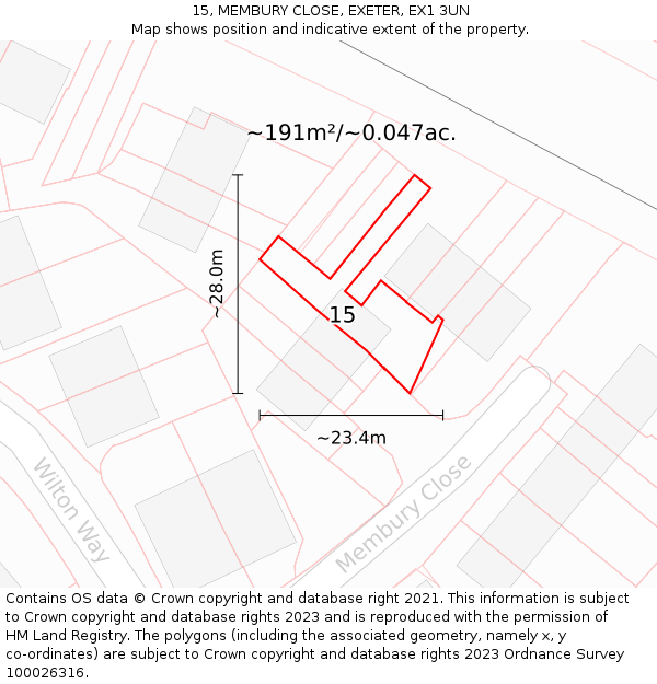 15, MEMBURY CLOSE, EXETER, EX1 3UN: Plot and title map