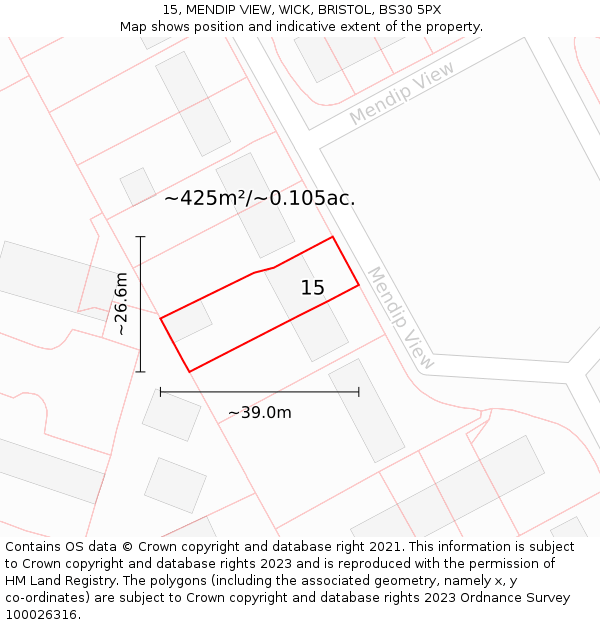 15, MENDIP VIEW, WICK, BRISTOL, BS30 5PX: Plot and title map