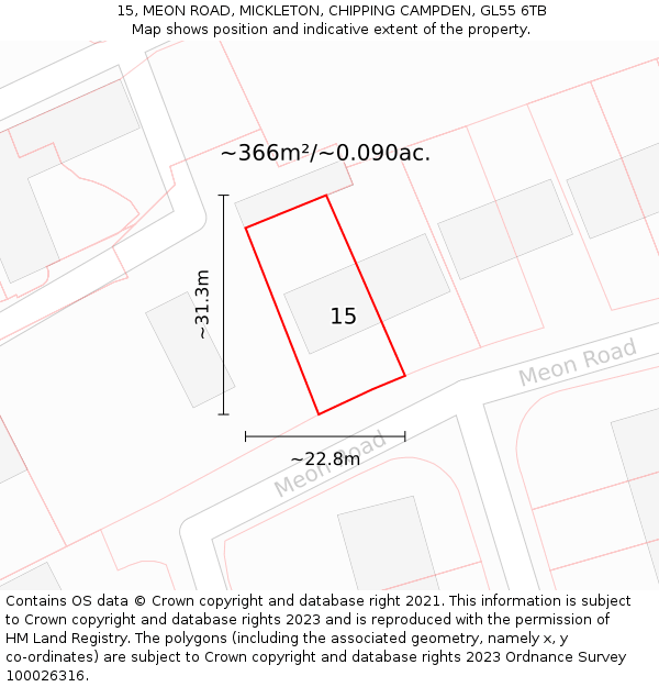 15, MEON ROAD, MICKLETON, CHIPPING CAMPDEN, GL55 6TB: Plot and title map