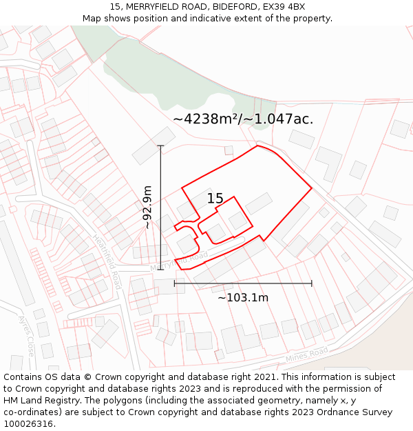 15, MERRYFIELD ROAD, BIDEFORD, EX39 4BX: Plot and title map