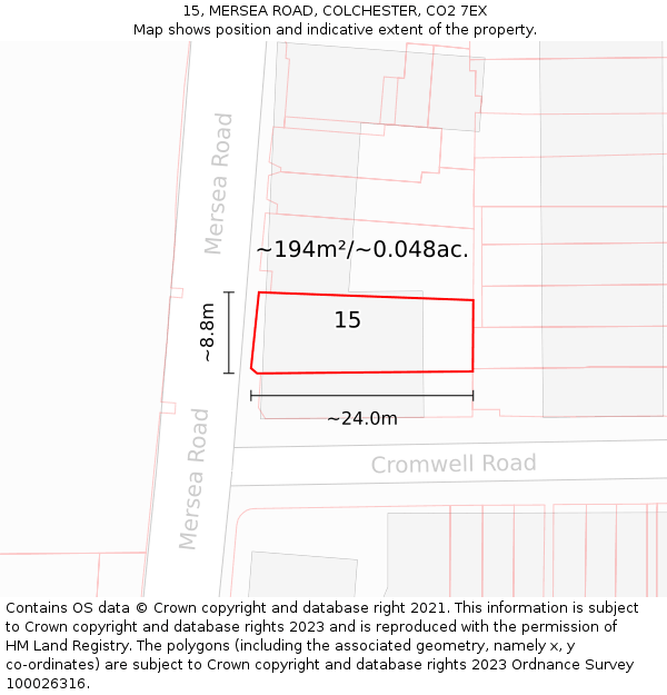 15, MERSEA ROAD, COLCHESTER, CO2 7EX: Plot and title map