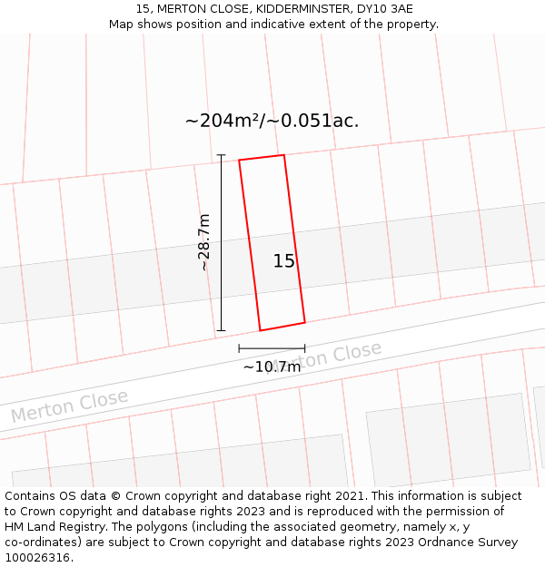 15, MERTON CLOSE, KIDDERMINSTER, DY10 3AE: Plot and title map