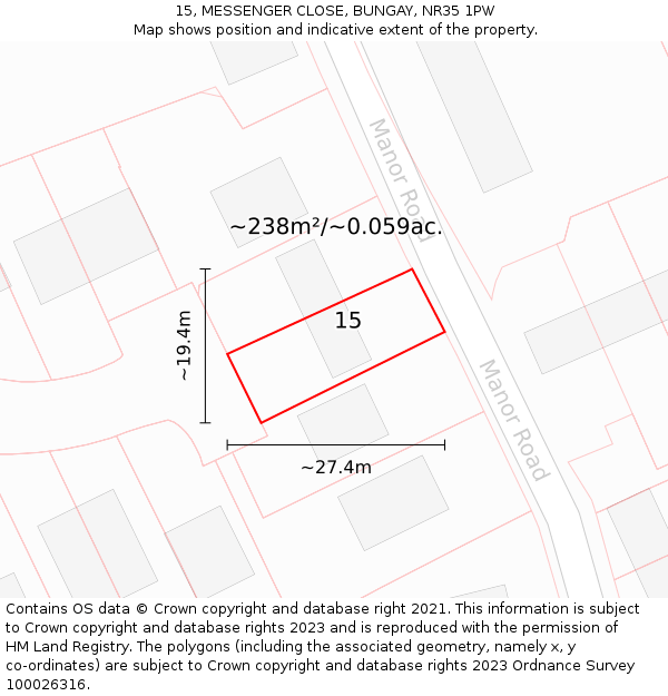 15, MESSENGER CLOSE, BUNGAY, NR35 1PW: Plot and title map