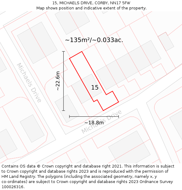 15, MICHAELS DRIVE, CORBY, NN17 5FW: Plot and title map
