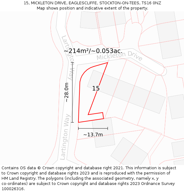 15, MICKLETON DRIVE, EAGLESCLIFFE, STOCKTON-ON-TEES, TS16 0NZ: Plot and title map