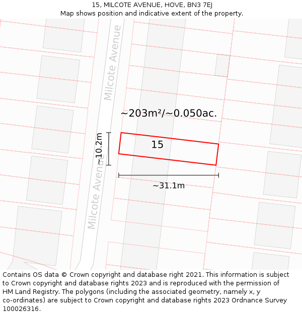 15, MILCOTE AVENUE, HOVE, BN3 7EJ: Plot and title map