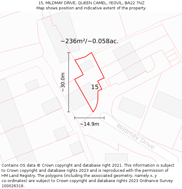 15, MILDMAY DRIVE, QUEEN CAMEL, YEOVIL, BA22 7NZ: Plot and title map