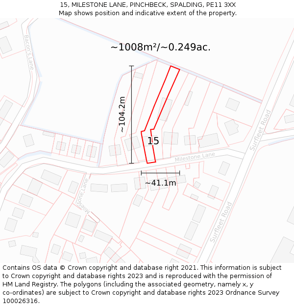 15, MILESTONE LANE, PINCHBECK, SPALDING, PE11 3XX: Plot and title map