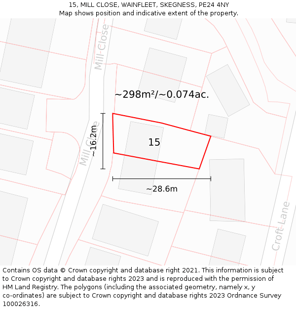 15, MILL CLOSE, WAINFLEET, SKEGNESS, PE24 4NY: Plot and title map