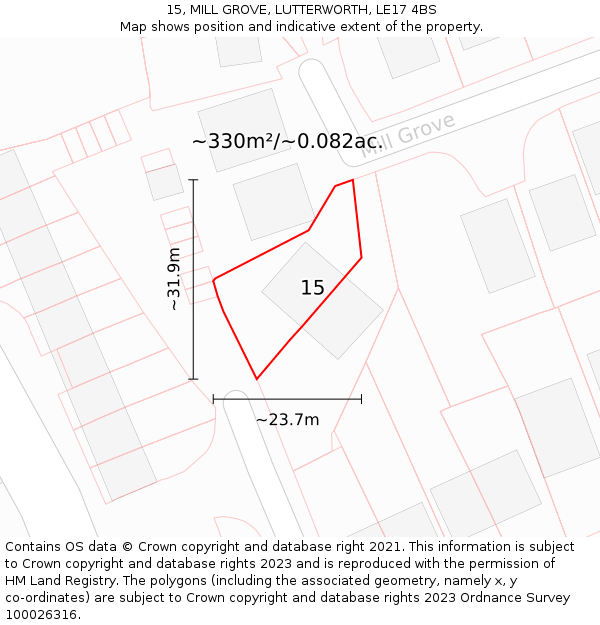15, MILL GROVE, LUTTERWORTH, LE17 4BS: Plot and title map