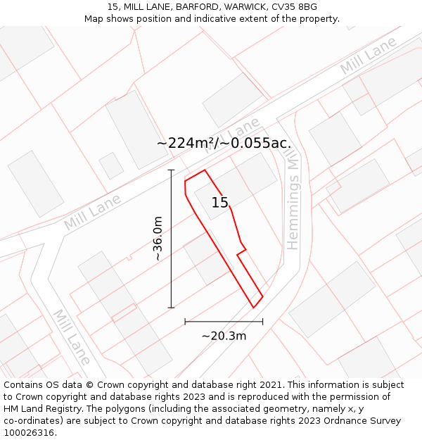 15, MILL LANE, BARFORD, WARWICK, CV35 8BG: Plot and title map