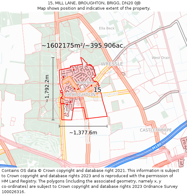 15, MILL LANE, BROUGHTON, BRIGG, DN20 0JB: Plot and title map
