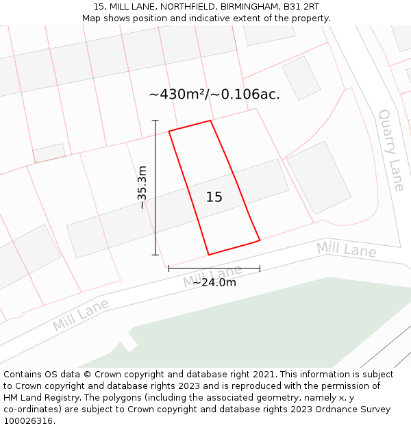 15, MILL LANE, NORTHFIELD, BIRMINGHAM, B31 2RT: Plot and title map