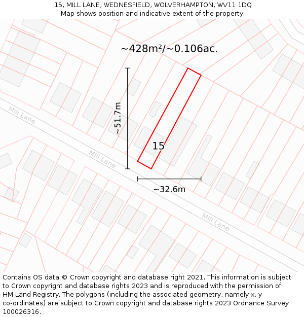 15, MILL LANE, WEDNESFIELD, WOLVERHAMPTON, WV11 1DQ: Plot and title map