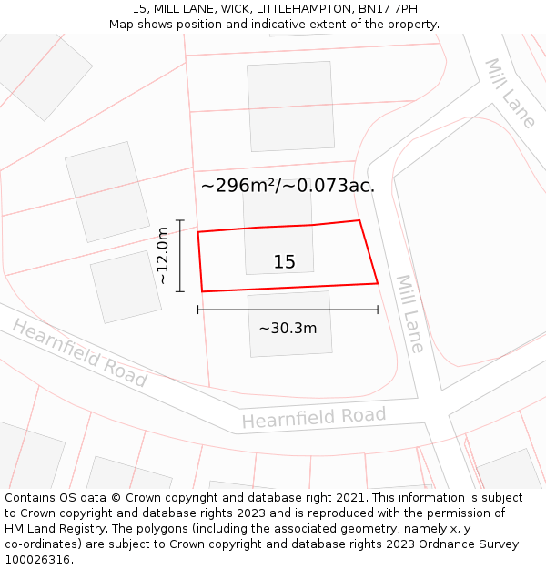 15, MILL LANE, WICK, LITTLEHAMPTON, BN17 7PH: Plot and title map