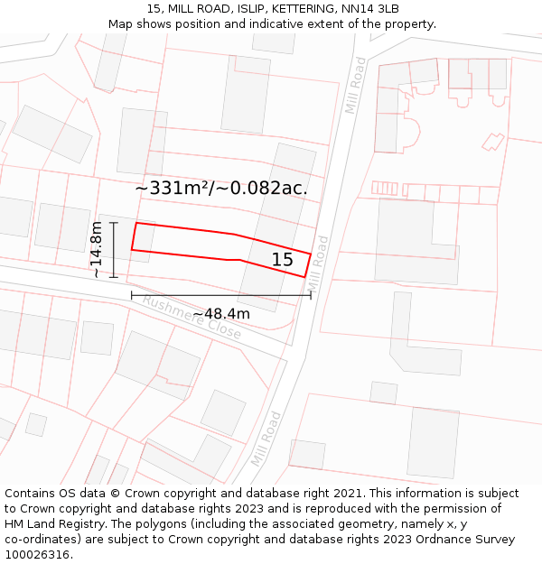 15, MILL ROAD, ISLIP, KETTERING, NN14 3LB: Plot and title map