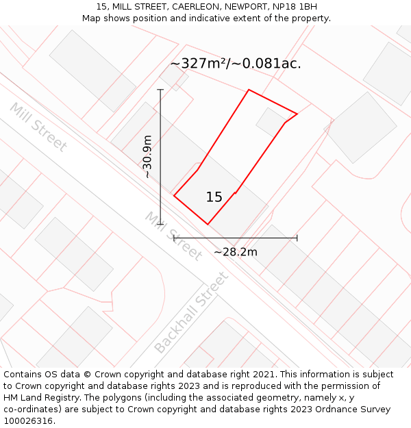 15, MILL STREET, CAERLEON, NEWPORT, NP18 1BH: Plot and title map
