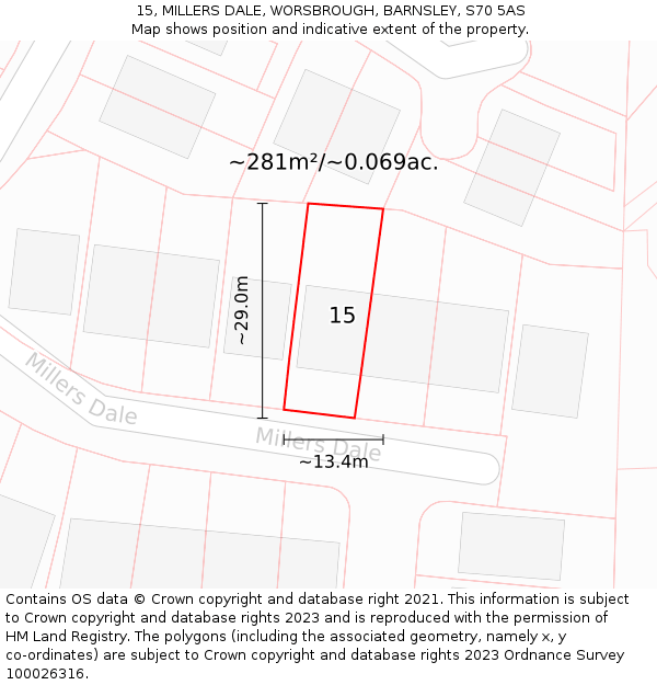 15, MILLERS DALE, WORSBROUGH, BARNSLEY, S70 5AS: Plot and title map