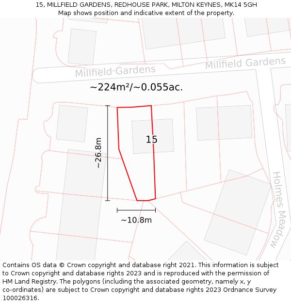 15, MILLFIELD GARDENS, REDHOUSE PARK, MILTON KEYNES, MK14 5GH: Plot and title map