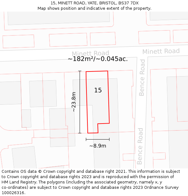 15, MINETT ROAD, YATE, BRISTOL, BS37 7DX: Plot and title map