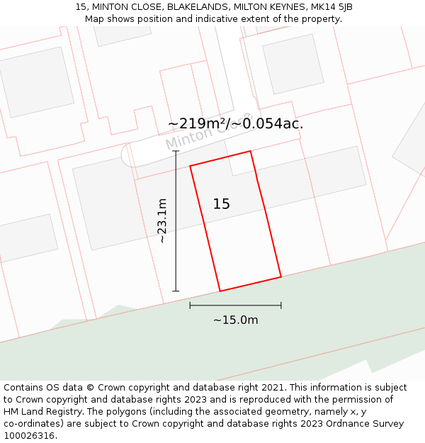 15, MINTON CLOSE, BLAKELANDS, MILTON KEYNES, MK14 5JB: Plot and title map