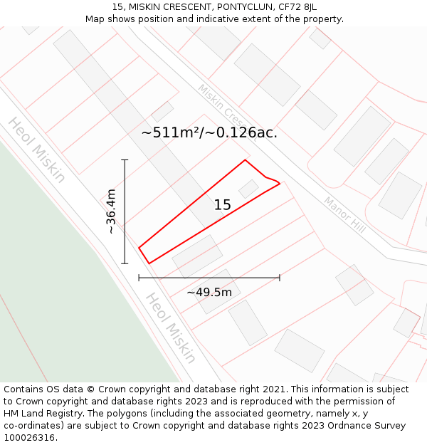 15, MISKIN CRESCENT, PONTYCLUN, CF72 8JL: Plot and title map