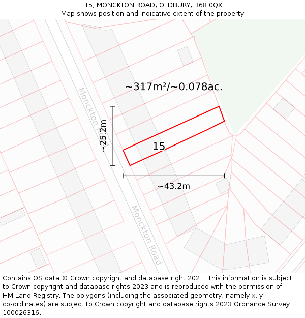 15, MONCKTON ROAD, OLDBURY, B68 0QX: Plot and title map
