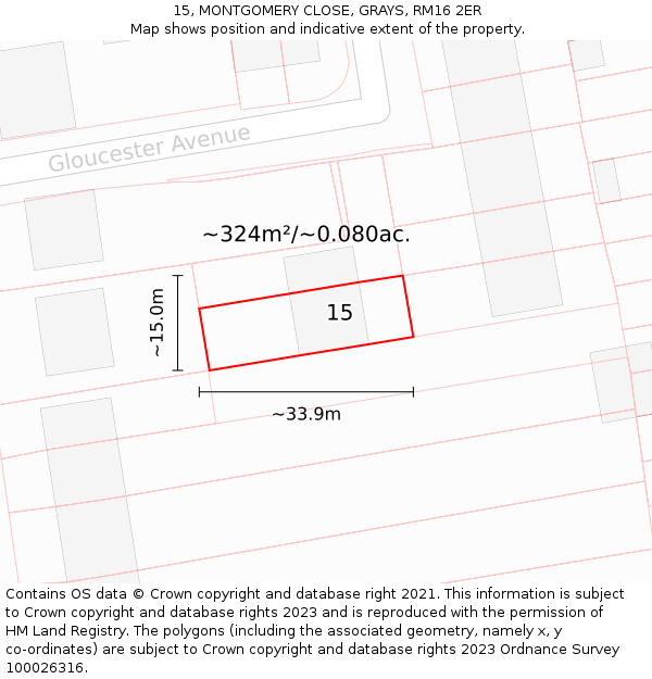15, MONTGOMERY CLOSE, GRAYS, RM16 2ER: Plot and title map