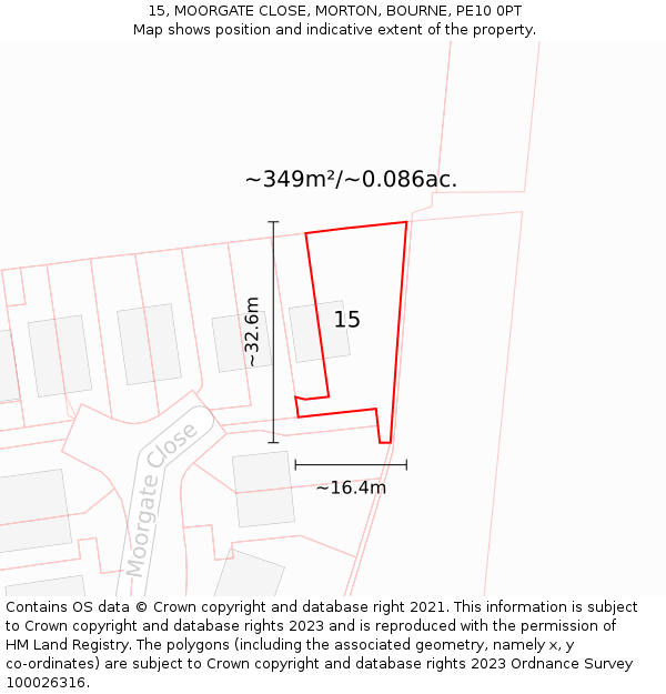 15, MOORGATE CLOSE, MORTON, BOURNE, PE10 0PT: Plot and title map