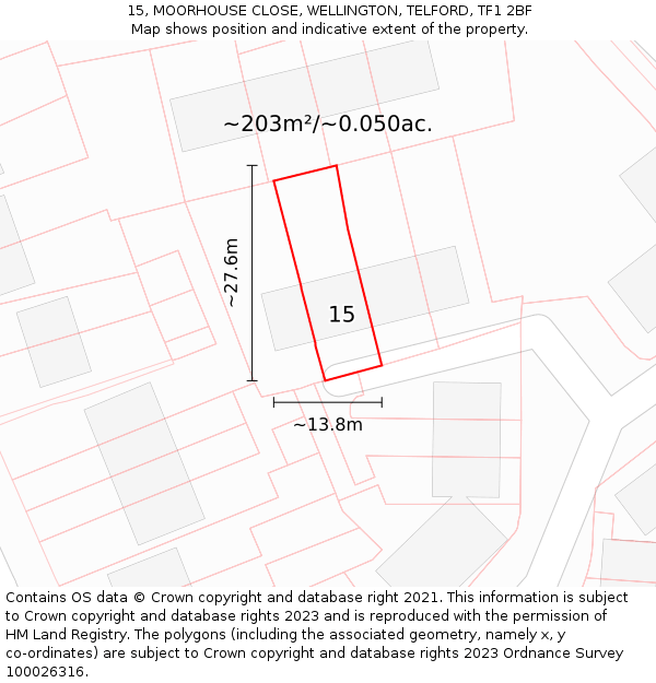 15, MOORHOUSE CLOSE, WELLINGTON, TELFORD, TF1 2BF: Plot and title map