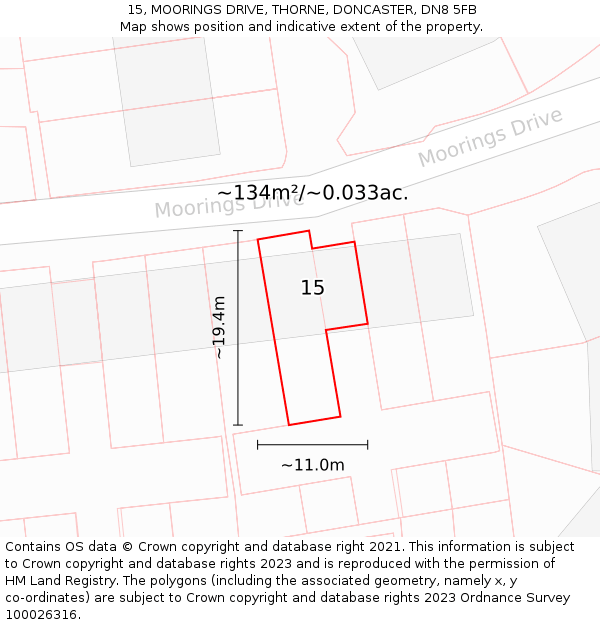 15, MOORINGS DRIVE, THORNE, DONCASTER, DN8 5FB: Plot and title map