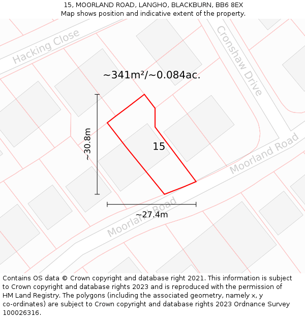 15, MOORLAND ROAD, LANGHO, BLACKBURN, BB6 8EX: Plot and title map