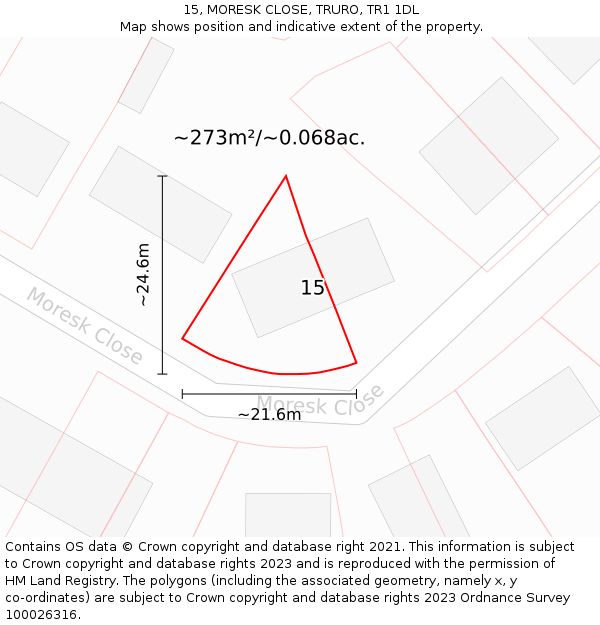 15, MORESK CLOSE, TRURO, TR1 1DL: Plot and title map