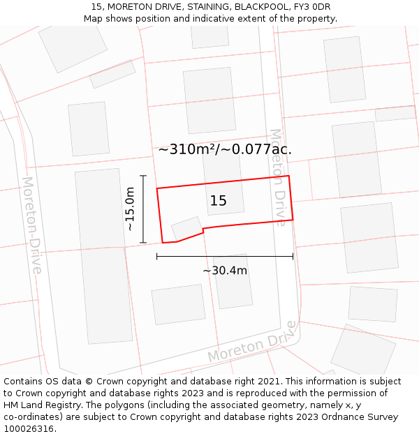 15, MORETON DRIVE, STAINING, BLACKPOOL, FY3 0DR: Plot and title map