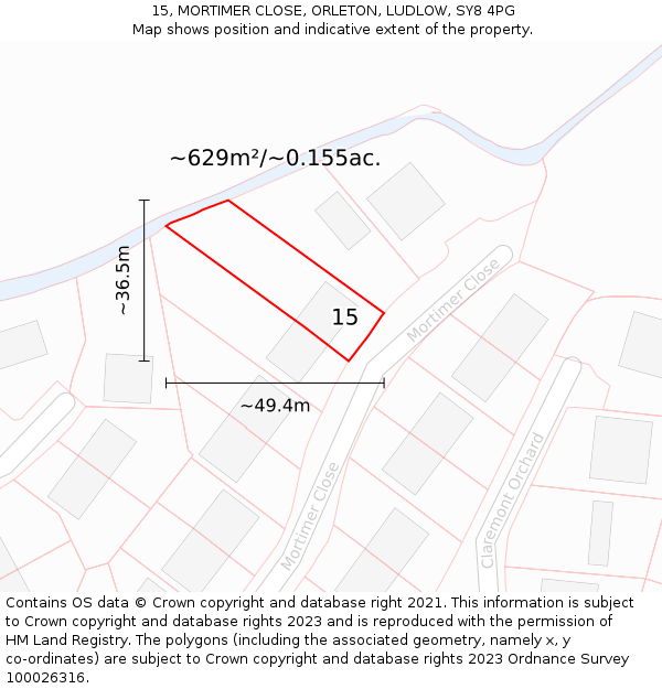 15, MORTIMER CLOSE, ORLETON, LUDLOW, SY8 4PG: Plot and title map